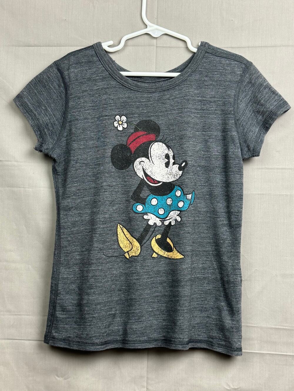 Disney Girls Distressed Gray Shirt Minnie Mouse in Blue Polka Dot Dress, Size M